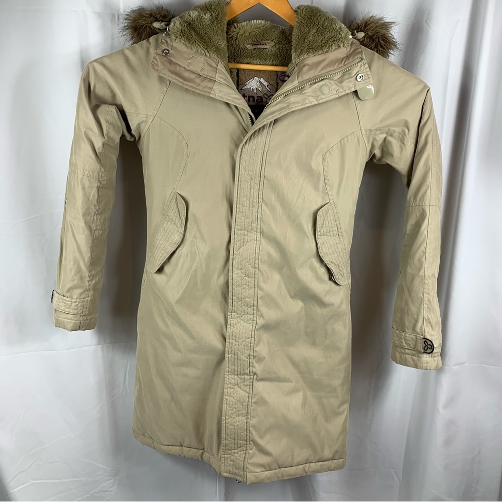 Aritizia TNA Camel Back Tan Small Parka Faux Fur Hood Full Zip Magnetic Snaps